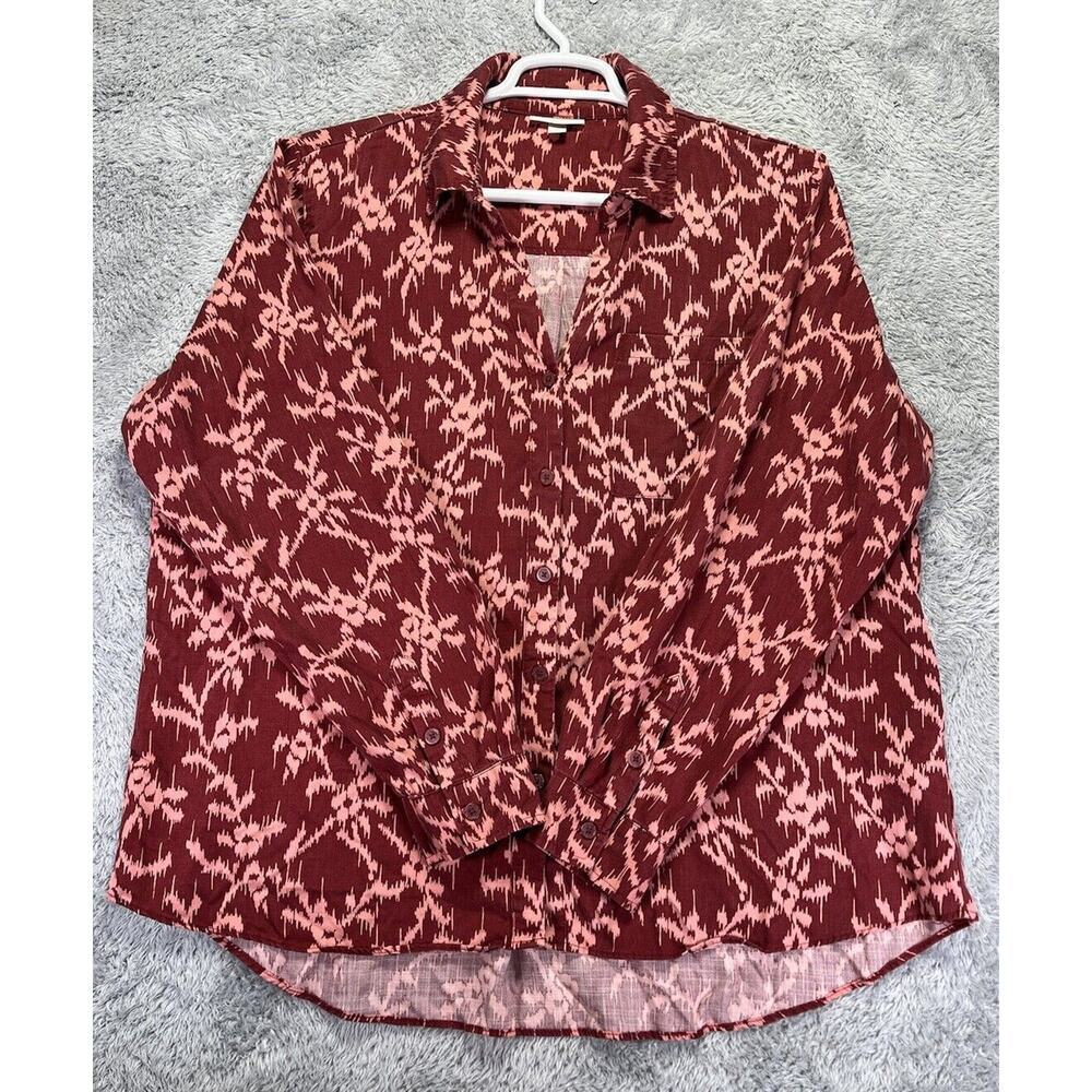 Knox Rose Boho Smocked Red Pink Aztec Floral Long Sleeve Top High Low XXL Button